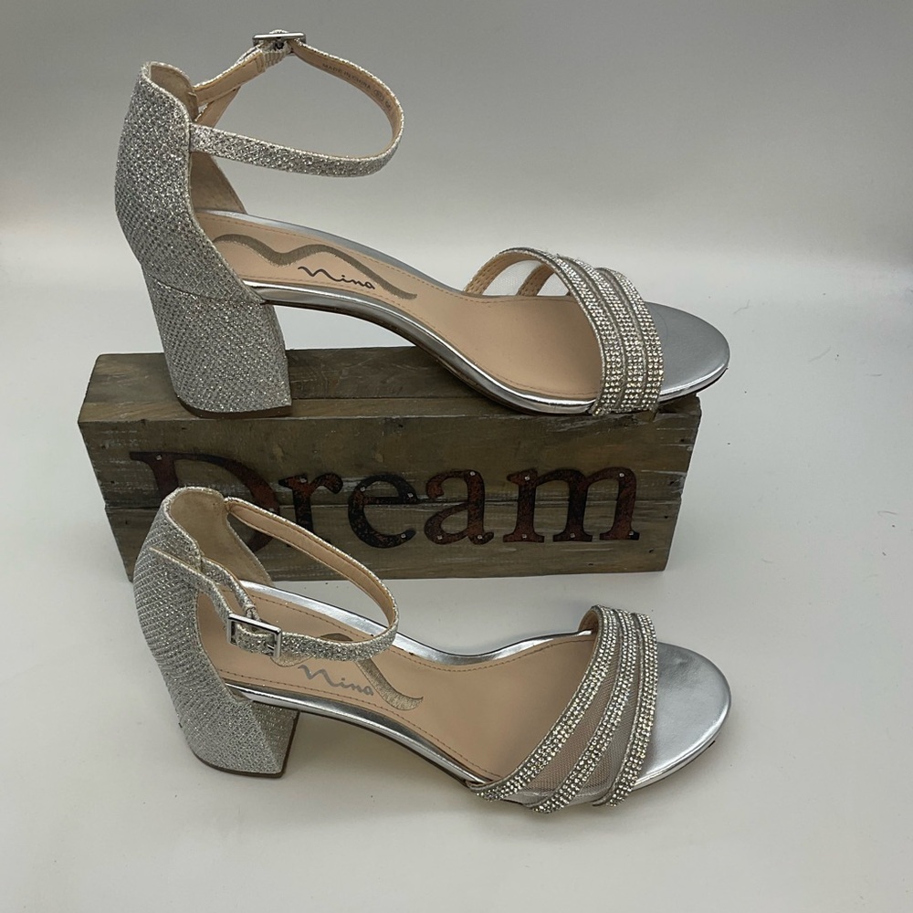 Nina Nagida Silver Metallic Strappy Block-Heel Sandal Prom